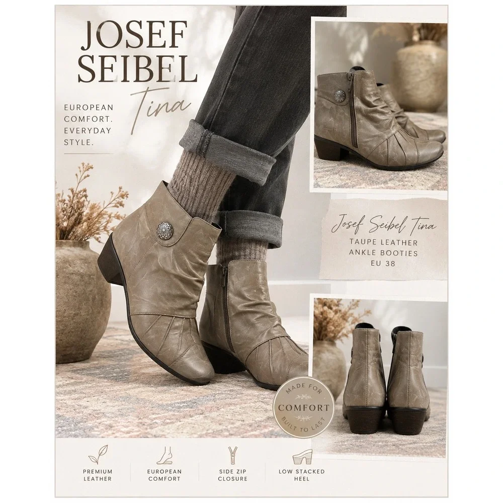 Josef Seibel Tina Taupe Leather Ankle Boots EU 38 Side Zip Comfort Booties